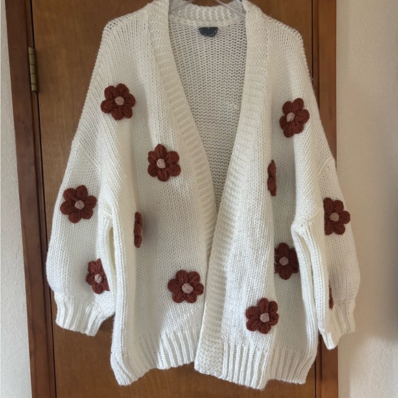 ARULA Sweaters - ARULA Cream oversized Cardigan with Tan Floral Details